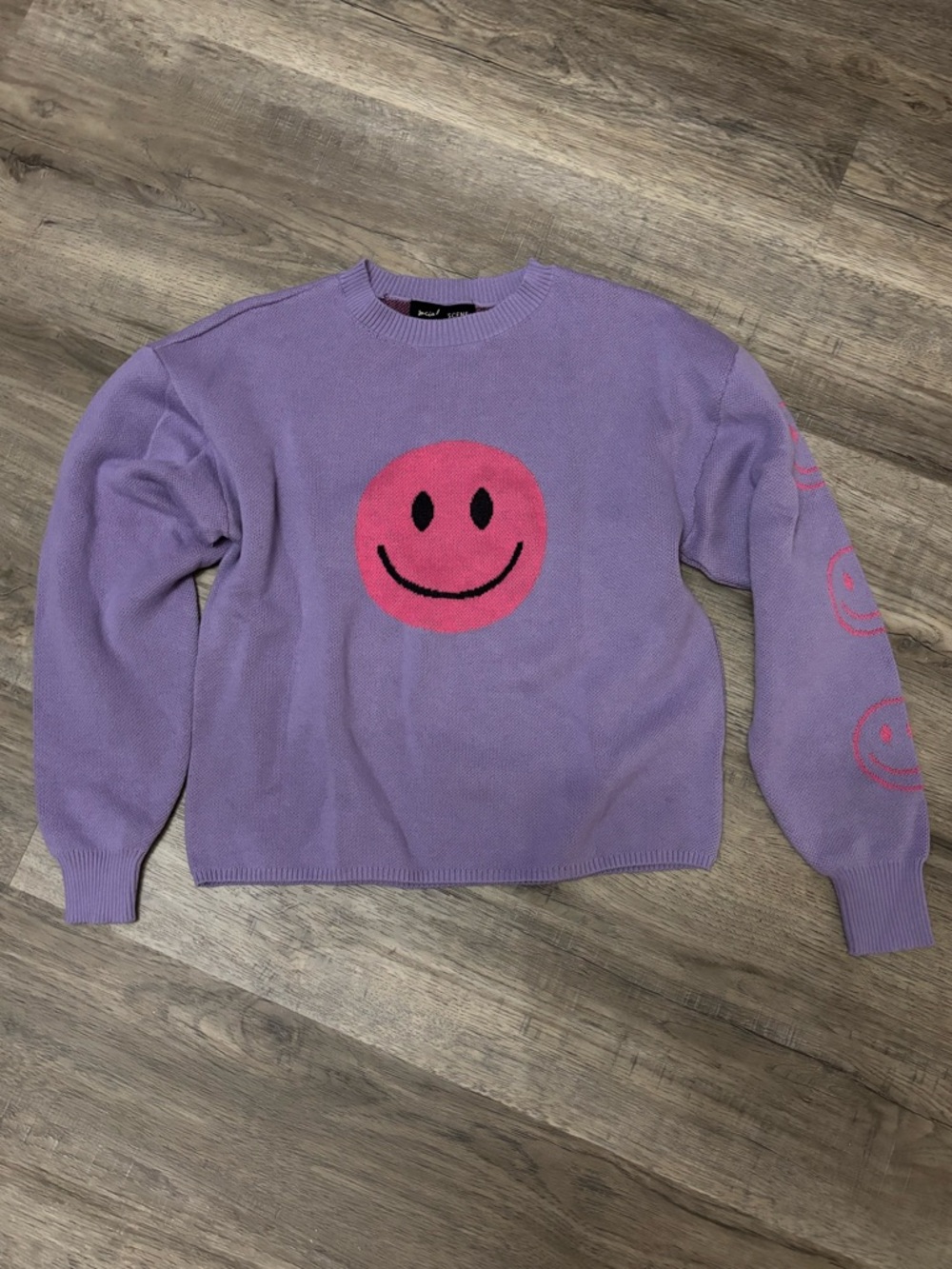 Purple Smiley Crewneck Sweater with Pink Graphic